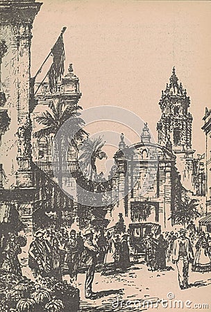 Black and white illustration shows street in a South American city in the 19th century. Drawing shows South American Cartoon Illustration