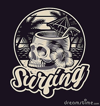 Black and white illustration skull with straw on the summer theme. Vector Illustration