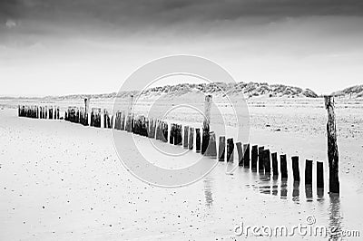 Black and white image of beach at low tide with wooden posts lan Stock Photo