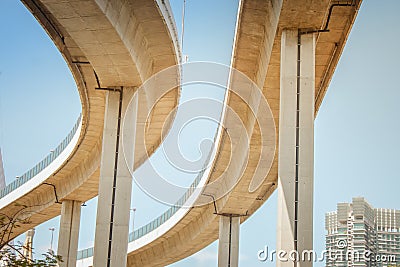 Black and White image Bridge of Industrial Rings or Bhumibol Bridge is concrete highway road junction and interchange overpass. Stock Photo