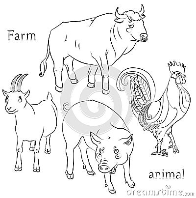 Black and white image of a bull, cock, pig and goat Vector Illustration