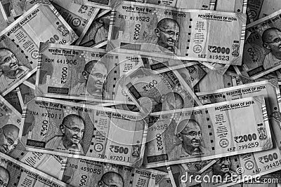 Cash Pile of Indian Currency. Monochrome Editorial Stock Photo