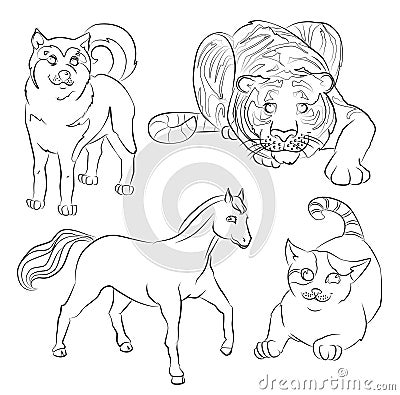 Black and white image of a cat, dog, horse and tiger Vector Illustration