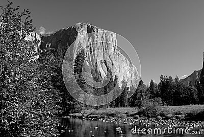 Black and white image of El Capitan and the Merced River Stock Photo