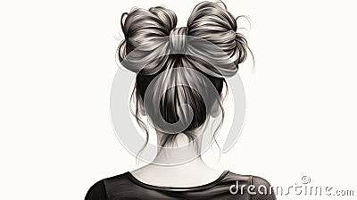 Top Knot: Detailed Monochrome Drawing Of A Girl With A Bow Cartoon Illustration
