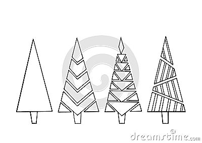 Black and white image of four Christmas trees drawn in a line Stock Photo