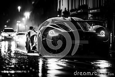 A black and white image of a generic and unbranded sport car under rain, generative ai illustration Cartoon Illustration