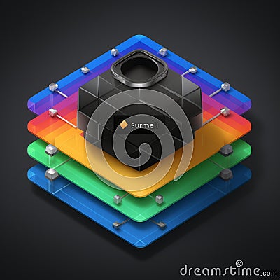 a black and white image of a black and white object on top of a stack of colorful blocks Stock Photo