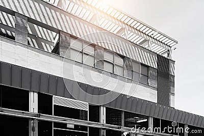 Black and White image of old building show geometry line of shade and shadow with effect of bright sunlight for retro commercial Stock Photo