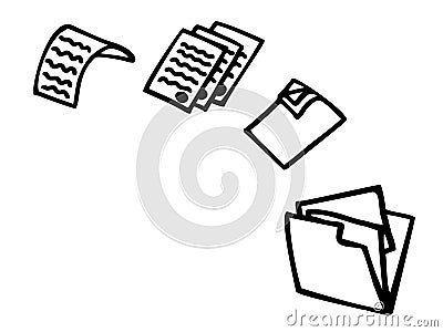 Black and white image of an open folder and documents, different documents are flying into the folder, vector image Vector Illustration