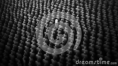 Black and white image of person standing out from crowd Stock Photo