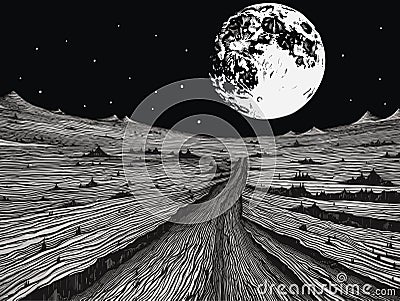 A Black And White Image Of A Road Leading To A Large Moon - View of the rising Earth seen from the Moon Vector Illustration