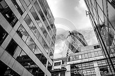 Black and white image of steel and glass skyscrapers of London a Stock Photo