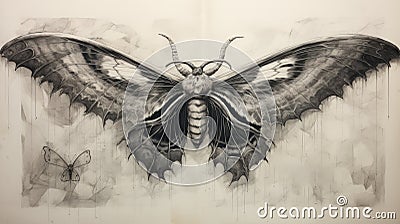 Symbolic Mothman: Elongated Black And White Drawing With Dramatic Wings Stock Photo