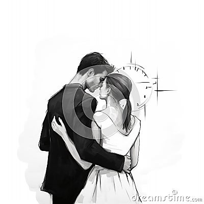 black and white ink illustration of a loving couple of newlyweds bride and groom Cartoon Illustration