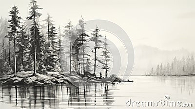 Black And White Ink Wash Drawing Of Pine Trees By A Lake Stock Photo