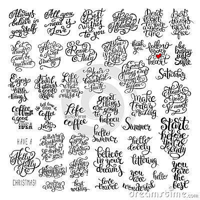 Black and white inspirational phrase big set, positive lettering Vector Illustration