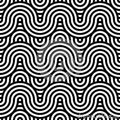 Black and white intersecting repeating circles pattern. Japanese minimal style seamless background. Modern spiral abstract Vector Illustration