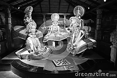 Black and White Kathakali performers during the traditional kathakali dance of Kerala`s state in India. Major form of classical Editorial Stock Photo