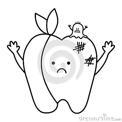 Black and white kawaii aching tooth with bandage and microbe. Vector caries teeth with decay line icon. Funny dental care picture Vector Illustration