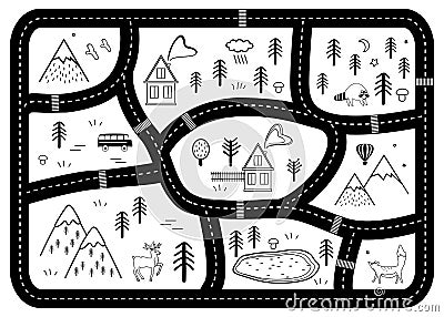 Black and White Kids Road Play Mat. Vector River, Mountains and Woods Adventure Map with Houses and Animals Vector Illustration