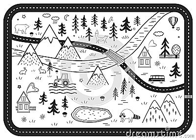 Black and White Kids Road Play Mat. Vector River, Mountains and Woods Adventure Map with Houses, Wood, Field, and Vector Illustration
