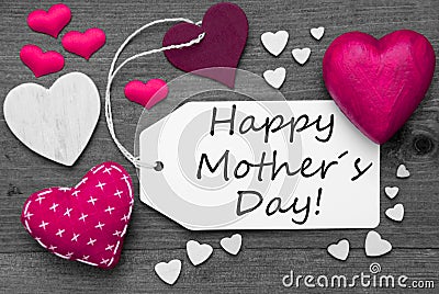 Black And White Label, Pink Hearts, Text Happy Mothers Day Stock Photo