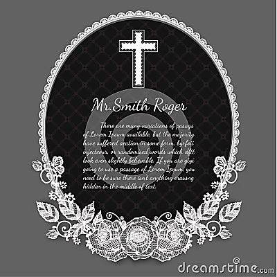 Black and white lace rose funeral card by hand drawing Vector Illustration