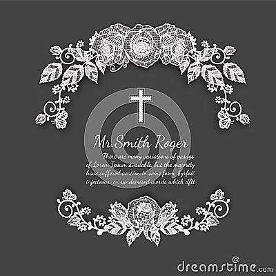 Black and white lace rose funeral card by hand drawing Vector Illustration