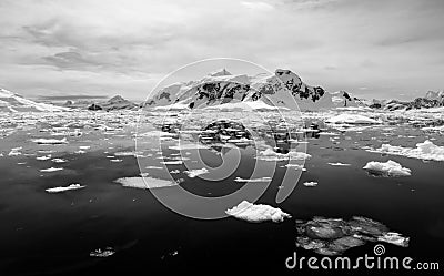 Black and white landscape of Paradise Harbour, Antartica Stock Photo