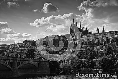 Black-and-white landscape of Prague. The prospect of a European city Stock Photo