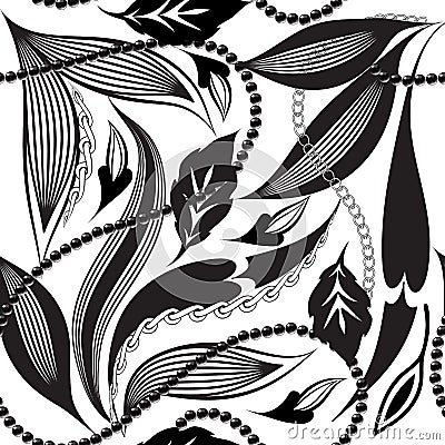 Black and white leafy vector seamless pattern. Jewelry floral background with chains and necklaces. Decorative repeat Vector Illustration