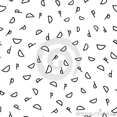 Black and white letter D seamless pattern, handwritten letters. Vector Illustration