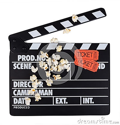 Black with white letters clapper, movie tickets and few popcorn Stock Photo