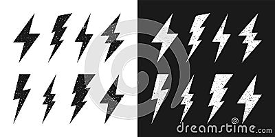 Black and white lightning bolt icons with grunge texture. Vintage flash symbol, thunderbolt. Simple lightning strike Vector Illustration