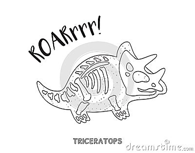 Black and white line art with dinosaur skeleton Vector Illustration