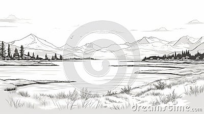 Bucolic Landscapes: Detailed Black And White Mountain And Lake Drawing Stock Photo