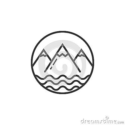 Line art icon of mountains and pond waves in a round frame Vector Illustration