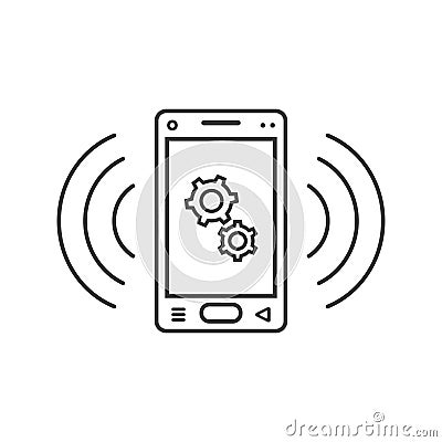 Line art ringing smartphone icon with gears sign and signal waves Stock Photo