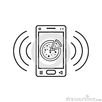 Line art ringing smartphone icon with pizza and signal waves Stock Photo