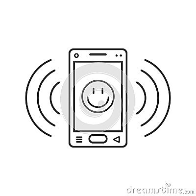 Line art ringing smartphone icon with smiley emoji and signal waves Stock Photo