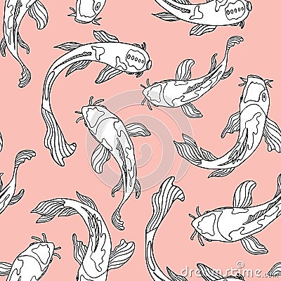 Black and white line art swimming Japanese Koi fish on pastel background. Seamless vector pattern Stock Photo