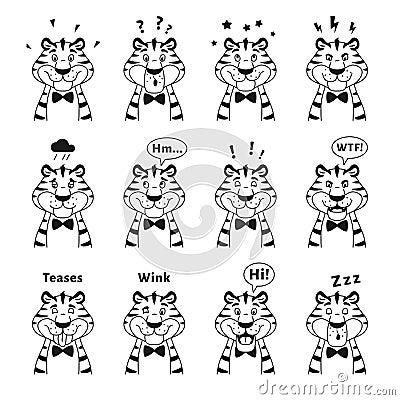 Black and white line funny tigers portraits set. Vector Illustration