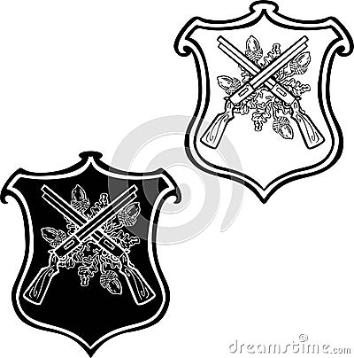 black and white linear sign, designation coat of arms of hunters shooters, hand drawn illustration vector Vector Illustration
