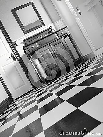 Black and White Lino Linoleum in Bathroom Stock Photo