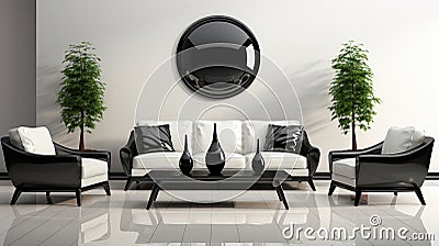 black and white living room with sofa and chairs in japanese minimalist style Stock Photo