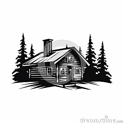 Black And White Log Cabin Design: Cabincore Inspired Graphic Art Stock Photo