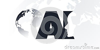 Black and White Machine Learning, Artificial Intelligence, Cloud Computing and Global Networks Concept with Earth Globe, Map Vector Illustration