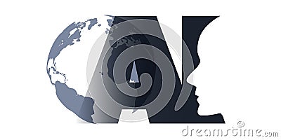 Black and White Machine Learning, Artificial Intelligence, Cloud Computing and Global Networks Concept with Earth Globe Vector Illustration