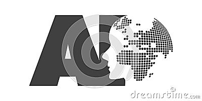 Black and White Machine Learning, Artificial Intelligence, Cloud Computing and Global Networks Design Concept with Dotted Earth Vector Illustration